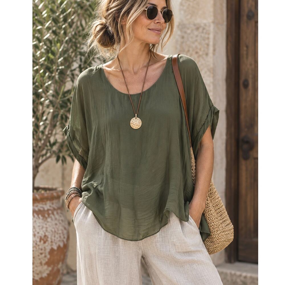 Made in Italy 100% Silk Blouse Olive Green Oversized Batwing Lagenlook Boho